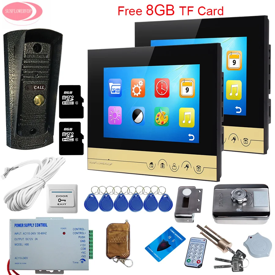 

For 2 Apartment 7'' Video Intercom With Recording + 8GB TF Card Metal Waterproof Camera Smart House Rfid Cards Electronic Lock