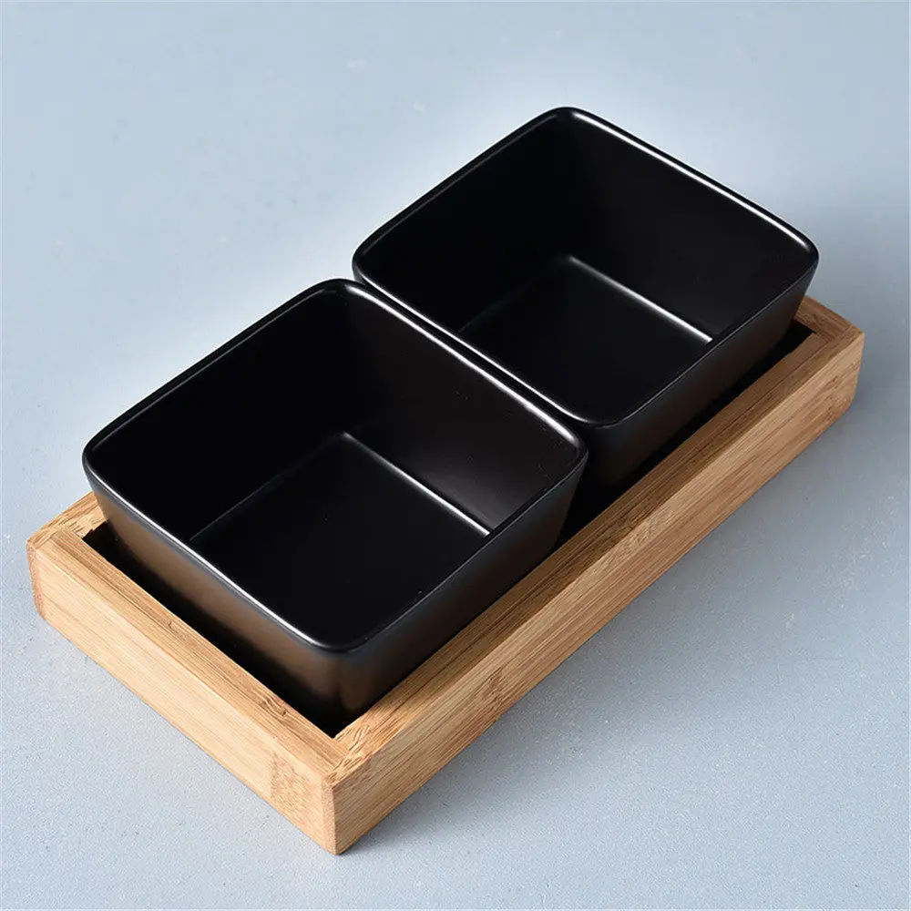 Настольная миска для закусок с деревянным поддоном, мини Изысканная керамическая тарелка для фруктов, кухонная посуда для приправ, японская посуда - Цвет: A