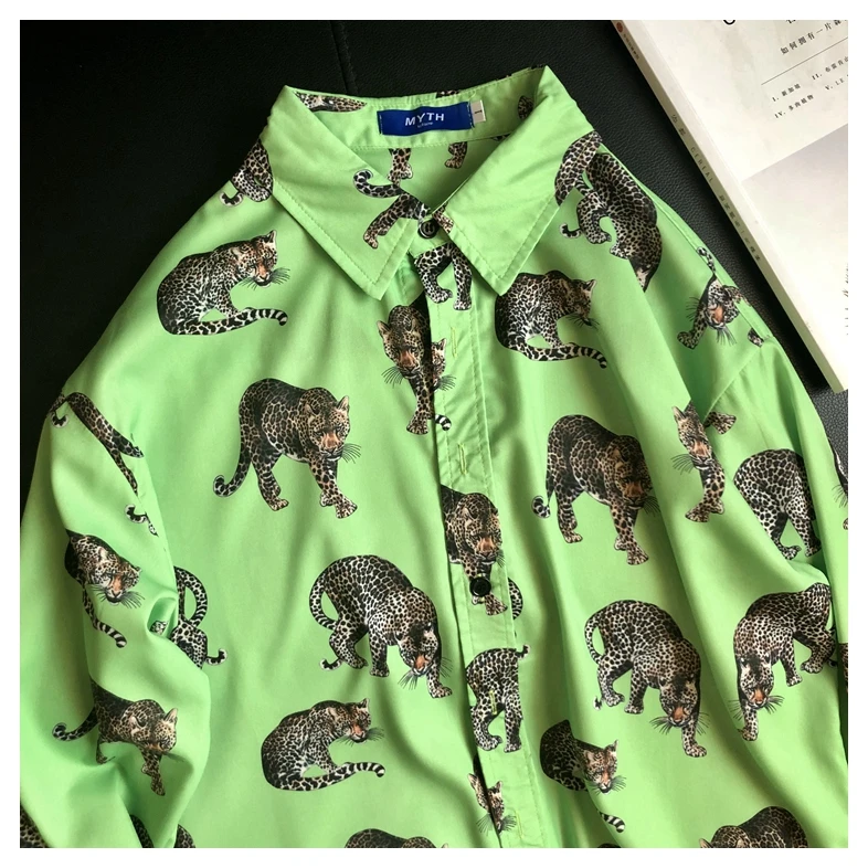 Весенние Рубашки с длинным рукавом и отложным воротником зеленого цвета с животным принтом в японском и корейском стиле Харадзюку, мужские рубашки с леопардовым принтом больших размеров, мешковатые рубашки