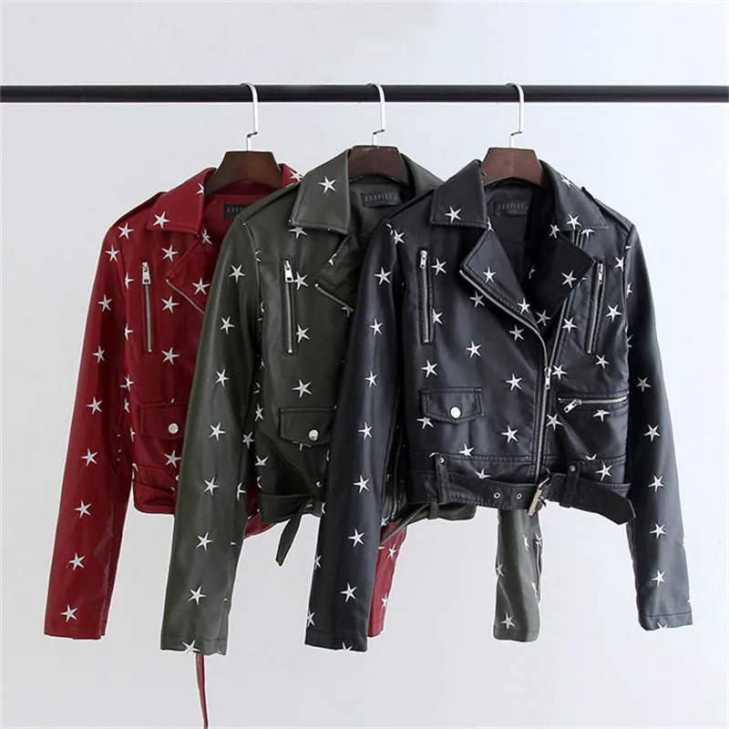 NXH Street Fashion PU Leather Jacket New Womens Star Embroidery Casual Motorcycle Jackets bright streetwear clothes women