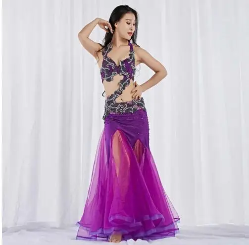 purple Профессиональная Одежда для танцев, одежда для танца живота, комплект из 3 предметов, украшенный бисером бюстгальтер, пояс, юбка, женские костюмы для восточных танцев - Цвет: purple