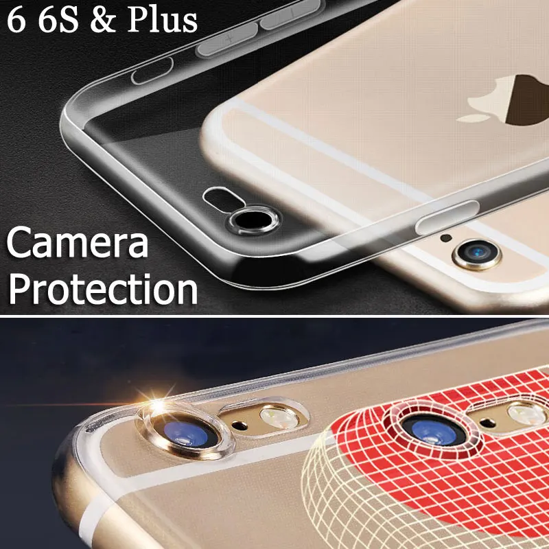 

Embossed camera protection clear case for iPhone 6 6S/ 6 6s Plus case transparent TOP quality soft TPU material with dust plug