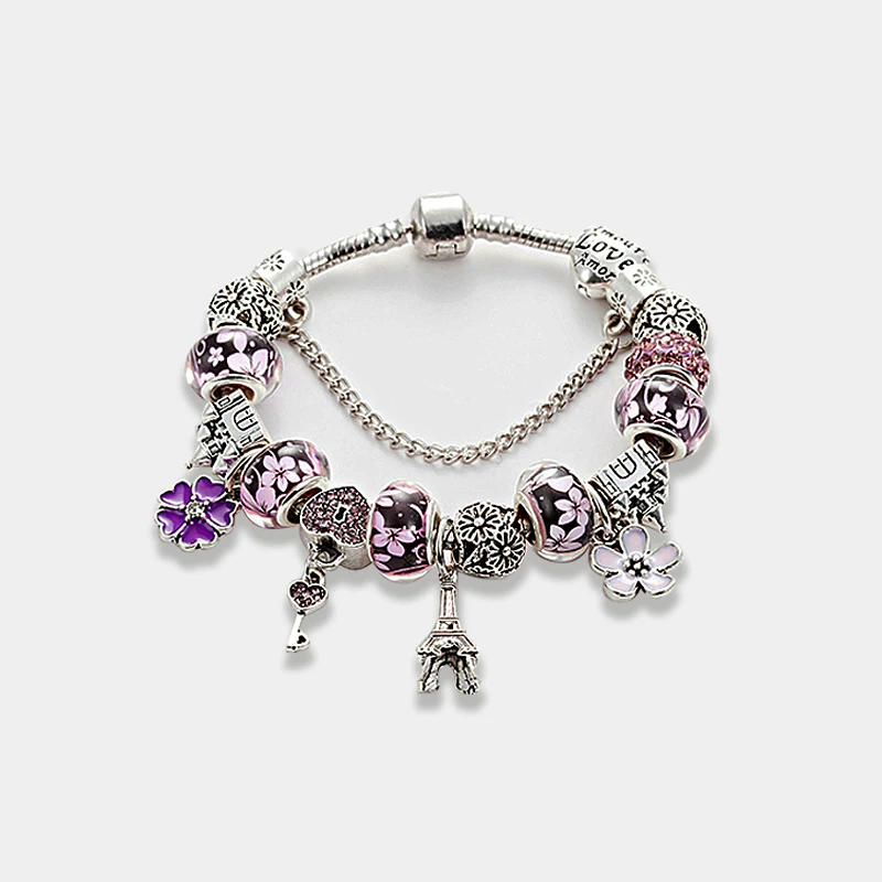 

ANNAPAER Lock keys Charm Bracelet for Women Antique Silver Murano Glass Beads Fit Pandora Bracelets & Bangle DIY Jewelry B16008