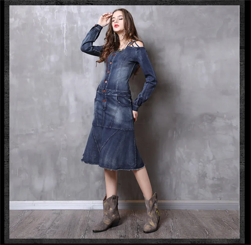 Vintage Autumn Cheongsam Dress Women 2018 New Denim Dresses Chinoiserie Ruffles Mandarin Collar 34 Sleeve China Style Dress (9)