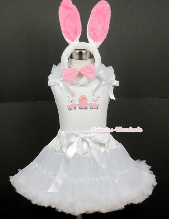 

White Tank Top with Bunny Rabbit Egg Print with White Ruffles& White Bow & White Pettiskirt With White Rabbit Costume
