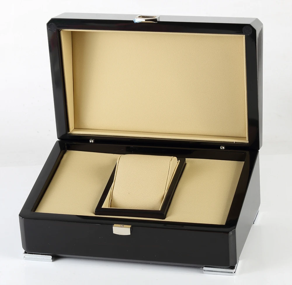 

Luxury Black Wood Grain Lacquered High Gloss Watch Storage Display Organizer Box With Cushion