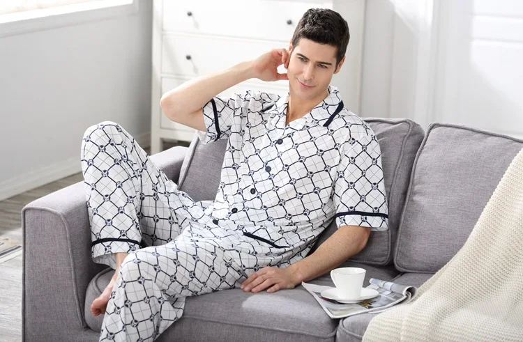 CherLemon мужские летние Lounge пижамные комплекты повседневное мужской бамбуковое волокно ночное белье 2 шт. белый ромб квадраты пижамы