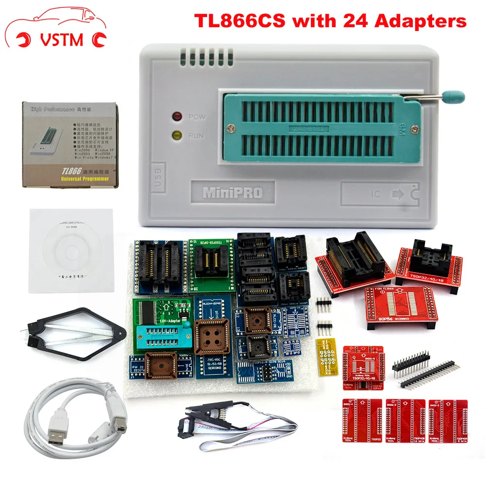 VSTM TL866A minipro TL866II плюс программист + 24 адаптеры для сим карт + SOP8 зажим испытания AVR eeprom TL866CS/TL866A программист USB