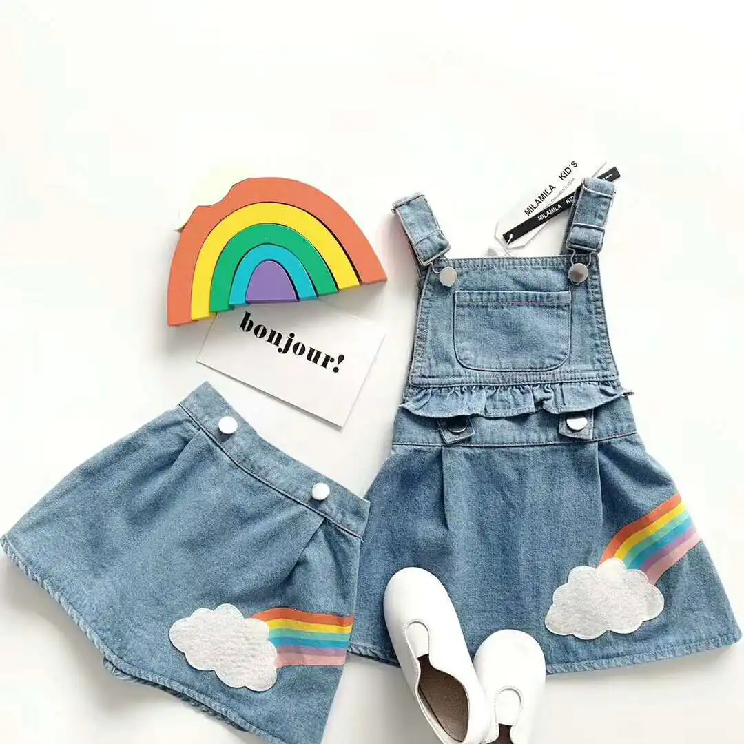 

1632 Summer Baby Girls Rainbow Removable Denim Suspension Dress Overalls Dress Children Belts Dress