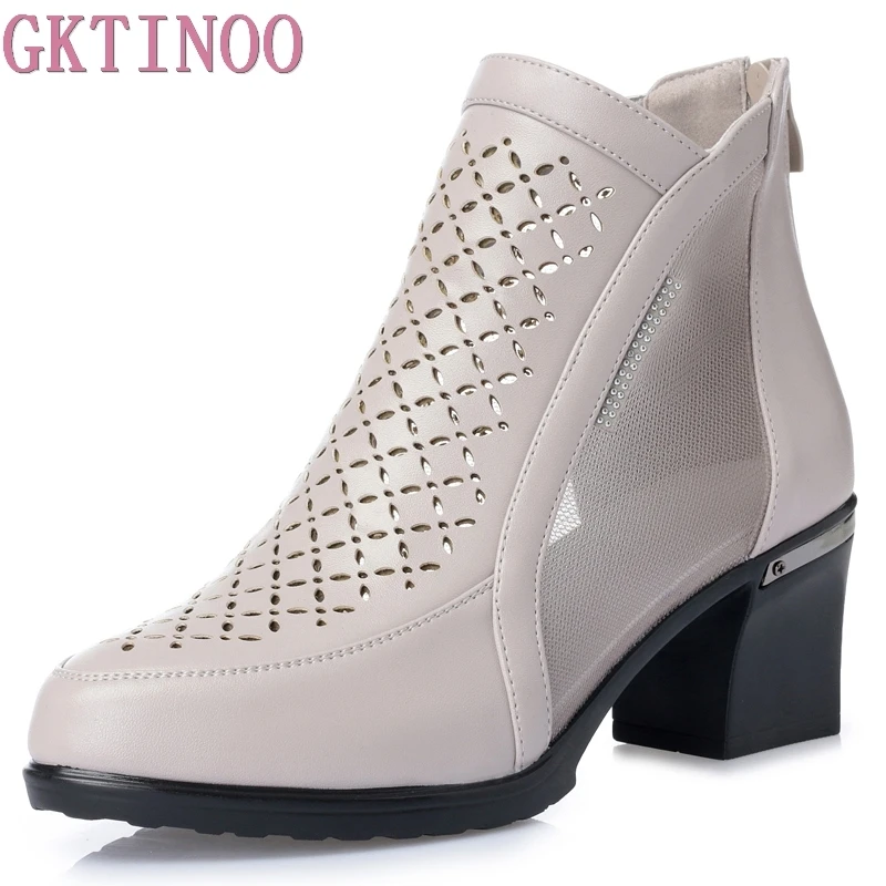 

GKTINOO Spring summer new hollow female sandals single boots leather large size breathable mesh boots thick with women'cool shoe
