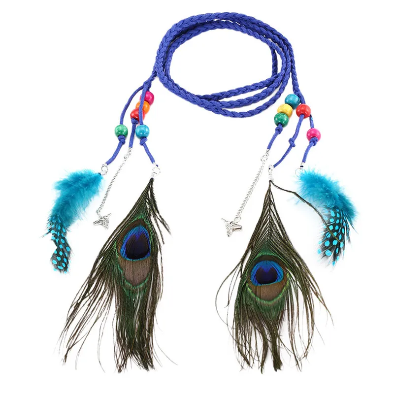 Women Bohemian Belt Braided Rope Peacock Feather Fringe Belt Waist Belt Elastic Waistband for men Fashion Accessory 40FE067