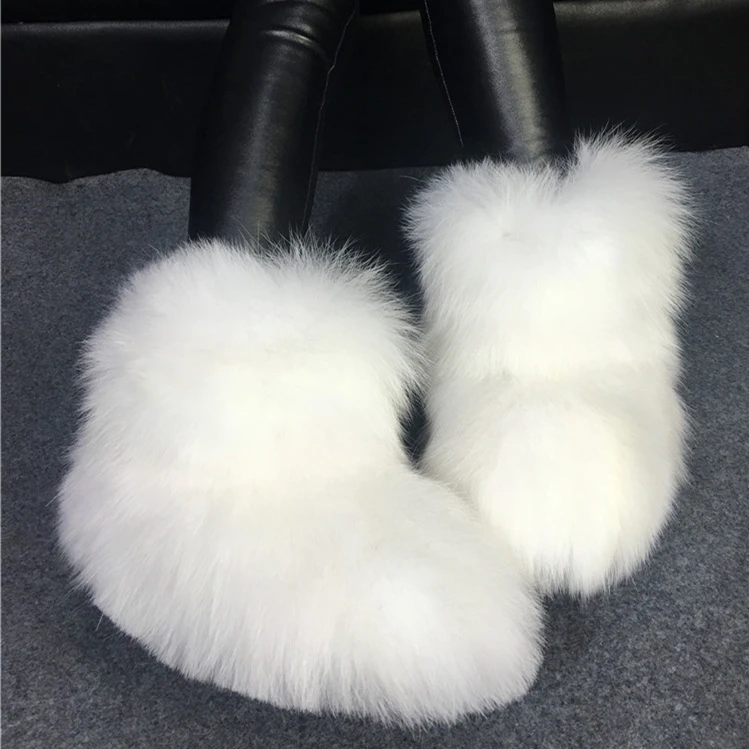 

2018 European American top quality fashion winter pure fox fur flat snow boots genuine leather women's ankle boots warm shoes