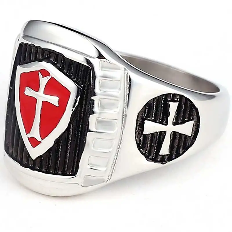 

FAITHEASY Men's Rings Stainless Steel Titanium Red Armor Shield Knight Templar Crusader Cross Ring Punk Jewelry Drop Shipping