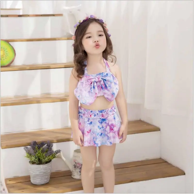 

2018 New Children Swimsuit Girl Baby Split Swimsuit Lovely Bow Tie Skirt Swimwear And Hat Lace Starry Sky Underwear