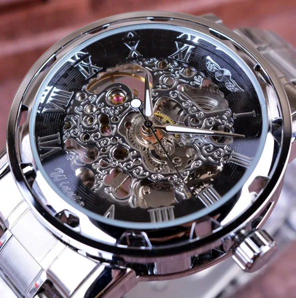 Мужские часы из прозрачного золота, Топ бренд, Роскошные мужские часы, мужские повседневные часы, механические часы с скелетом - Цвет: Black Silver