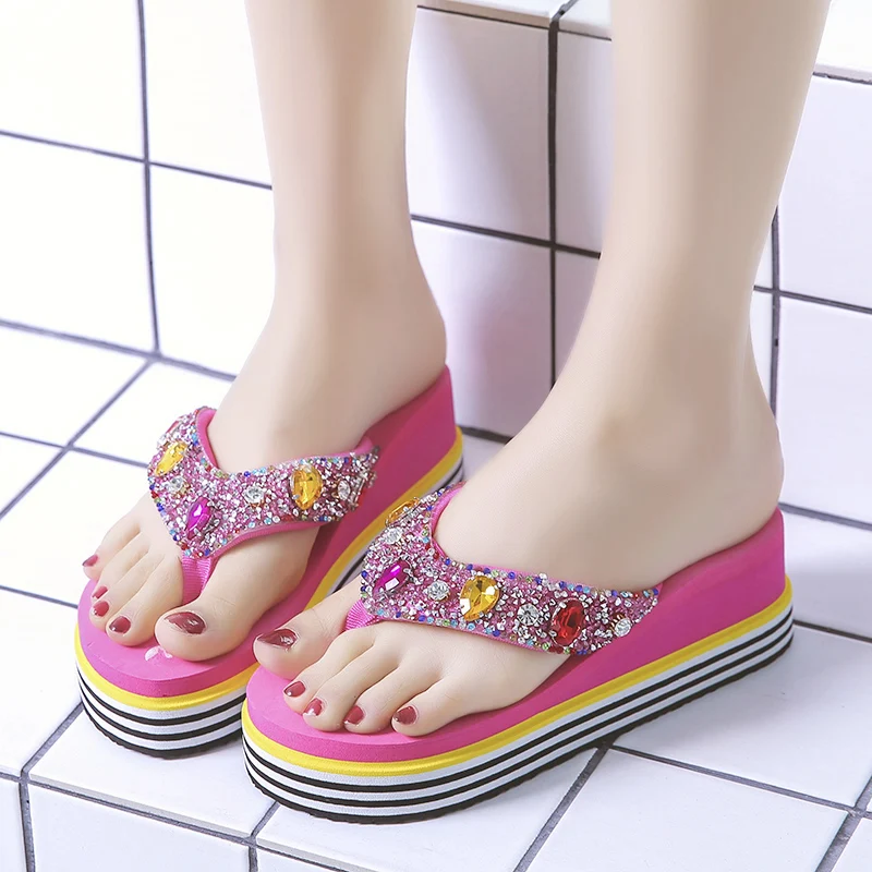 

2019 shoes Women Summer Slippers beach Wedges Platform Slides Rhinestone Female Leisure open toe brand designer women flip flops