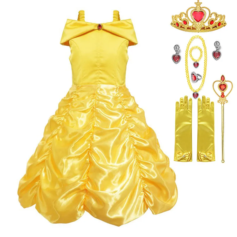 Платье принцессы Белль с открытыми плечами для девочек; костюм красавицы и чудовища; Детский карнавальный костюм; летняя одежда для карнавала; вечерние костюмы на Хэллоуин - Цвет: Belle Set-2