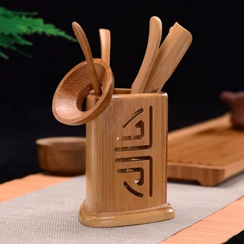 

Teaism Tea Set Teaspoon Clamp Needle Tools Japan Chinese Tea Ceremony Accessory with Carved Bucket Set for Home Teahouse 6pcs