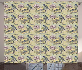 

Spring Kitchen Curtains Flourishing Nature Theme Hand Drawn Small Bird Butterfly and Blooming Flower Pattern Window Decor
