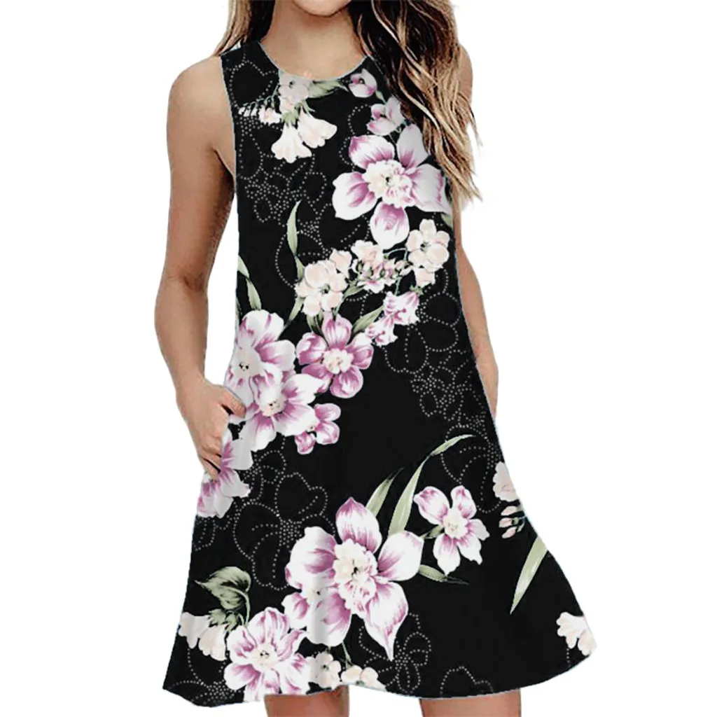 

Women Summer Casual Sleeveless Printed Swing Mini Dress Sundress with Pocket
