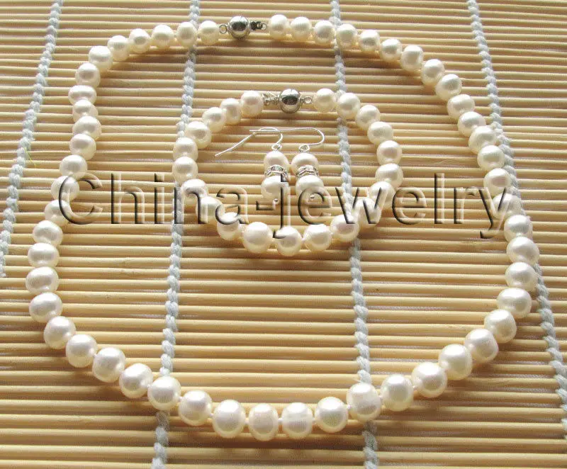 

Free Shipping >>>>> 8-17" 8-9mm natural white round freshwater pearl necklace + bracelet + earring