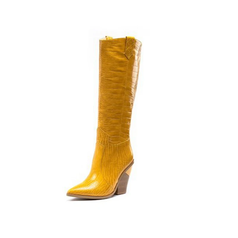 SIMLOVEYO/ г. Новые Брендовые женские сапоги до колена ковбойские сапоги в западном стиле с острым носком, на среднем квадратном каблуке, без шнуровки большой размер 15 46, Леопардовый, золотистый - Цвет: Yellow