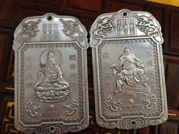 

2PCS Elaborate old Tibetan Silver Guan Gong / kwan yin buddha statue Amulet Auspicious Plates.