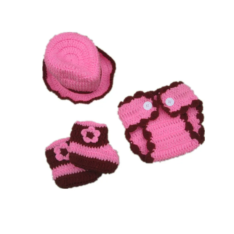 H863Pink baby knitting dress hat + diaper + shoes3_