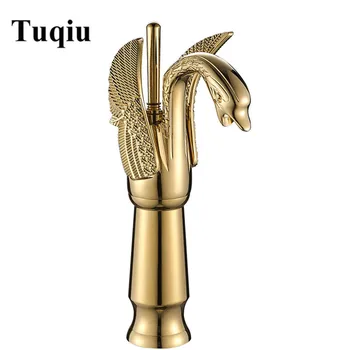 

New Design Tall Swan Basin Faucet Gold Plated Wash Faucet Hotel Luxury Copper Gold Sink Mixer Taps hot cold Taps Free shipping