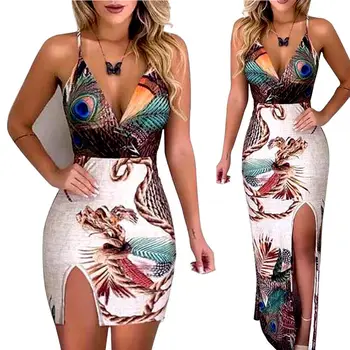 

Newest Women Sleeveless Boho Floral Long Maxi Dress Ladies Summer Sundress Holiday Peacock Print Pencil Dresses Dropshipping