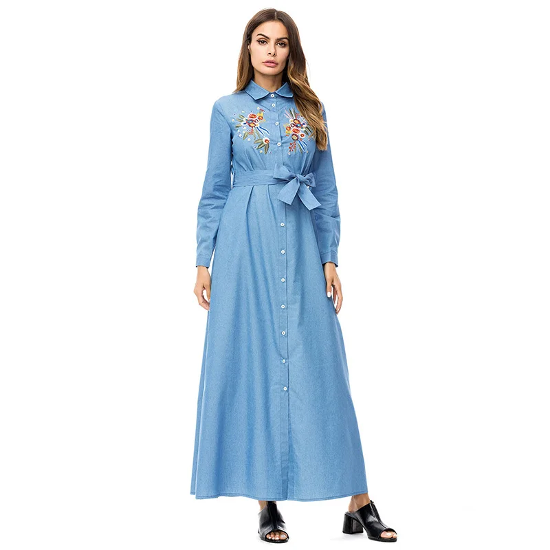 ShejoinSheenjoy Turn-down Collar Embroidery Muslim Abaya Denim Blue Women Long Dress Middle East Islamic Clothing Casual Dress (2)