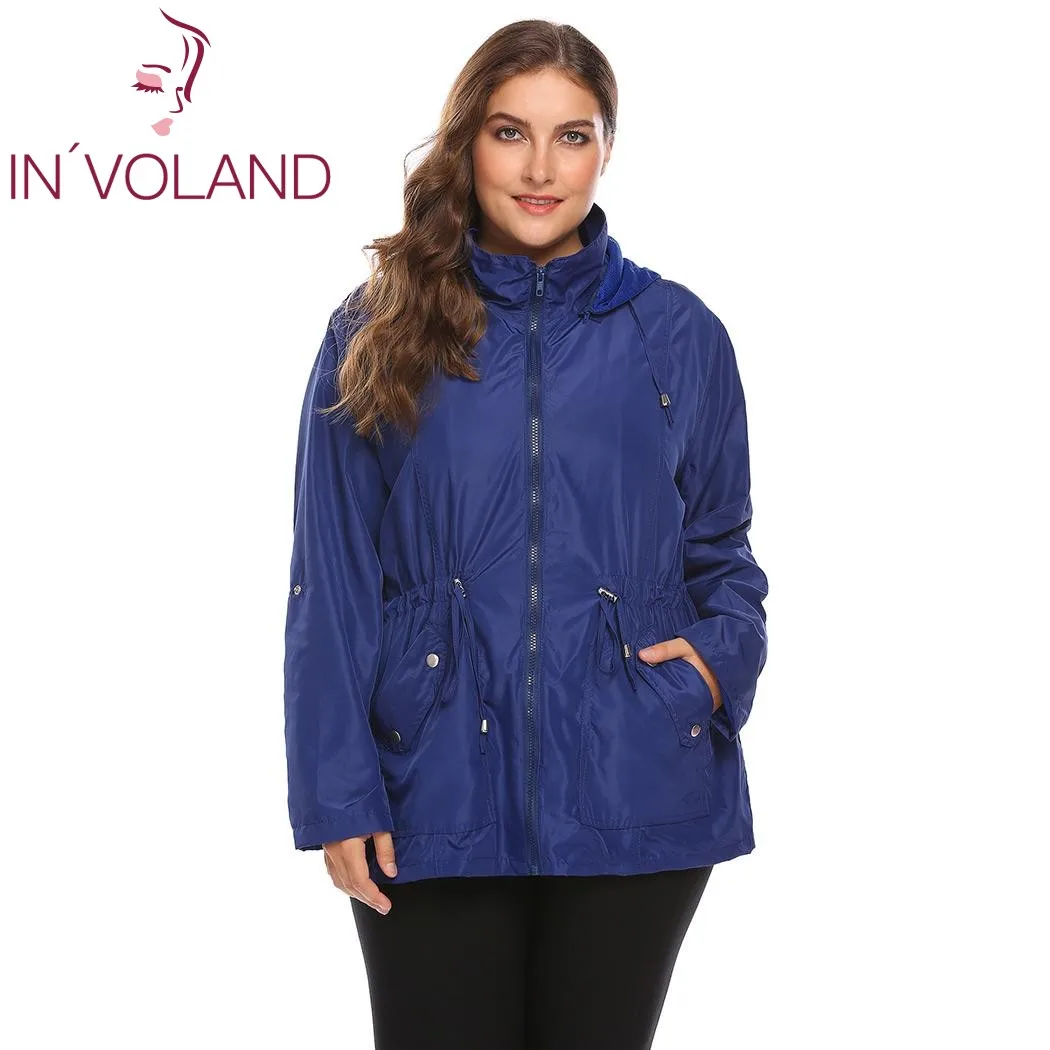 

IN'VOLAND Women Jacket Coat Plus Size XL-4XL Detachable Hooded Drawstring Waist Windbreaker Military Large Raincoat Big Size