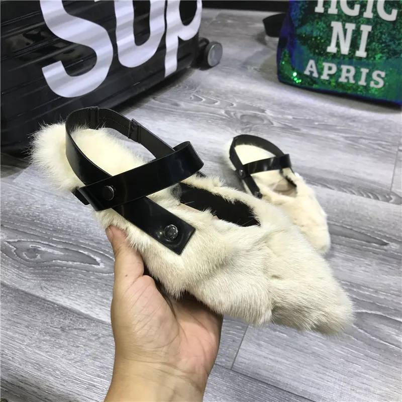 

Fur Embellished Women Flats Pointed Toe Slip On Women Shoes Slingback Warm Zapatos Mujer Pointed Toe Chic Shoes Brand Design