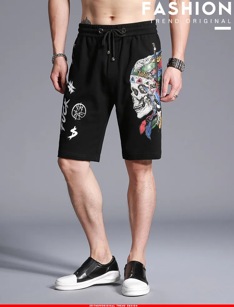 [EL BARCO] хлопковые мужские летние повседневные шорты до колена с принтом черепа, бермуды с карманами на молнии, мужские прямые черные короткие брюки