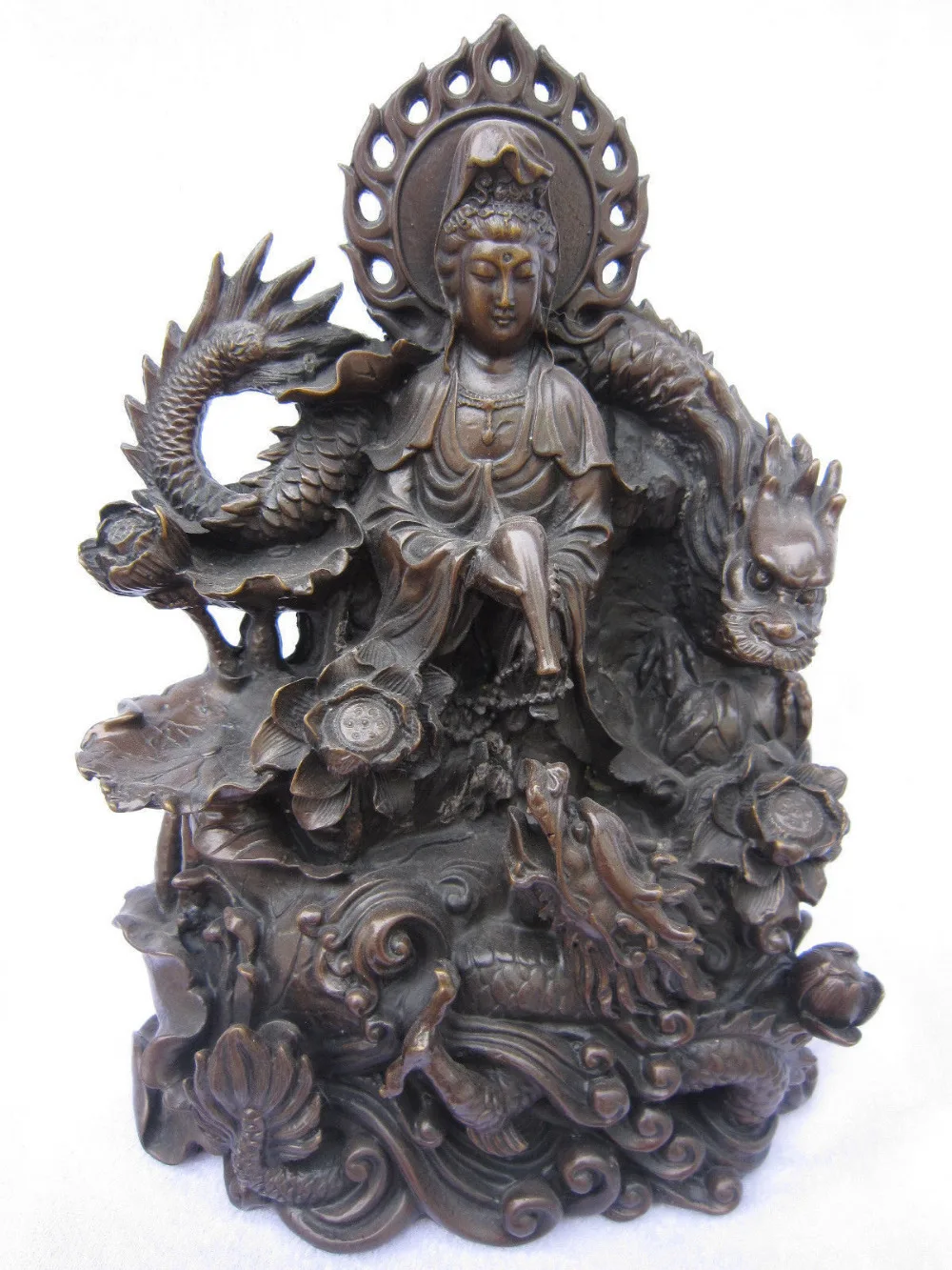 

shitou 002273 10" Chinese Bronze Kwan-yin Guanyin Hold Vase On Dragon Lotus Lianhua Statue discount 30% (C0324)