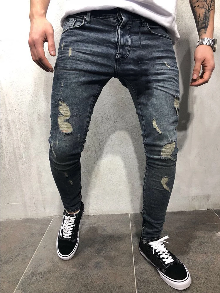 KENNTRICE Men Jeans New Slim Fit Knee Holes Hip Hop Skinny Jeans