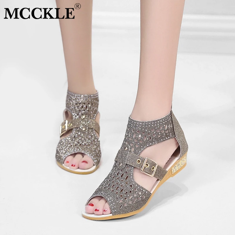 

MCCKLE Women Spring Wedge Sandals Peep Toe Buckle Strap Gladiator Sandal Female Casual Sequined Cloth Zipper Rivets Shoes