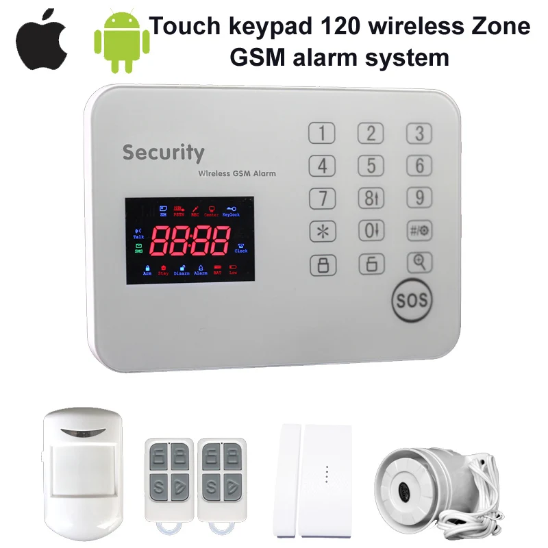 

Free shipping wireless 120 zone ISO & android APP Touch screen keyboard home security GSM alarm system color LED display relay