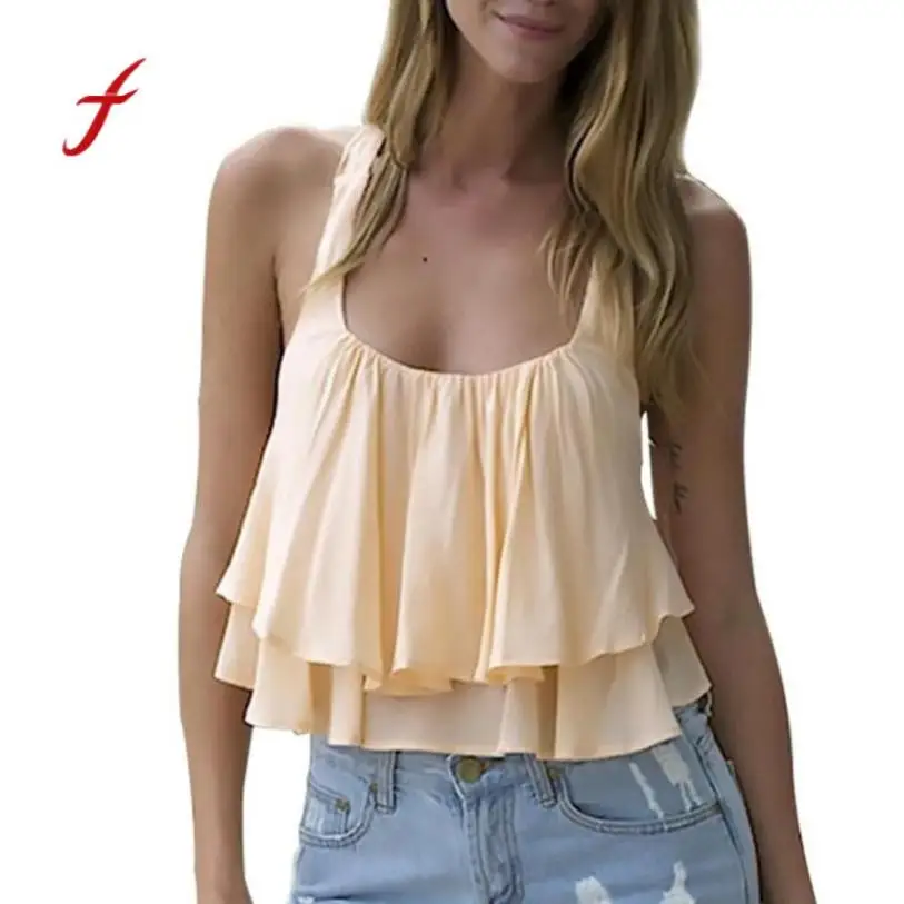 

Feitong Summer backless layered ruffle blouse Women sexy off shoulder shirt top Ladies sleeveless korean fashion clothes