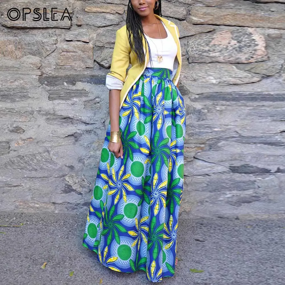 

Opslea Dashiki African Women Digital Print Maxi Length Skirt Slim Waist Loose Pleated Skirt Africa Fashion Casual Kanga Clothing