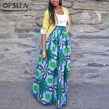 

Opslea Dashiki African Women Digital Print Maxi Length Skirt Slim Waist Loose Pleated Skirt Africa Fashion Casual Kanga Clothing