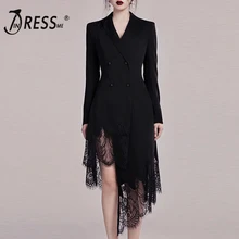 INDRESSME 2019 New Black Suit Dress Long Sleeve Deep V Irregular Lace Hem Aymmetrical Tassel Hem Mini Dress Women Sexy Dress tassel hem blouse