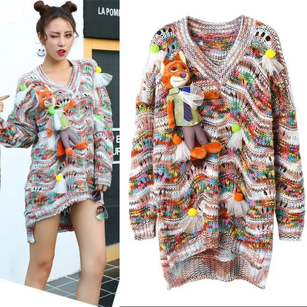 

New 2019 Autumn Designer Women's Runway Soft Sweaters Casual Cartoon Loose Knitted Sweater Women Pullover With Dolls NS579