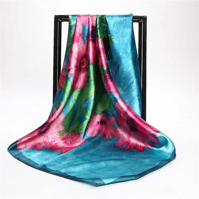Модный женский шарф, роскошный бренд, синяя цепочка с полосками, с принтом, хиджаб, шелковый атлас, шаль, шарф, платок, квадратный платок, шарфы, обертывания, 90x90 см - Цвет: Тёмно-синий