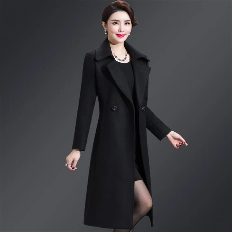Winter Women Dress European Wool Coat Large Size Women Clothes Solid Color Long Sleeves Slim Medium Long Korean Version Overcoat