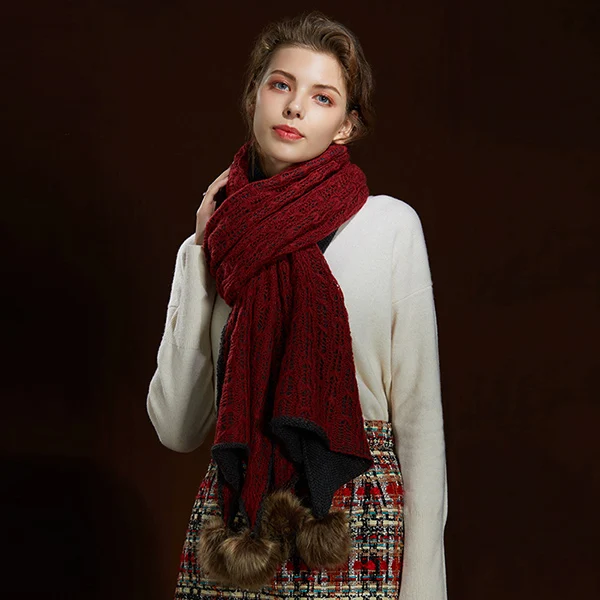 Зимние шарфы с помпоном, женская мягкая шаль, женские шарфы, Роскошный дизайнерский шерстяной Теплый вязаный большой шарф, плотный женский шарф высокого качества - Цвет: Wine red