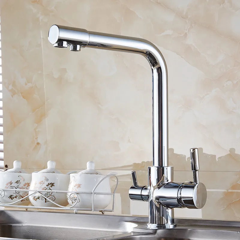 Kitchen Faucets Antique 3 Way Water Filter Taps Dual Handle Chrome Brass Crane High Arch Swivel Pur