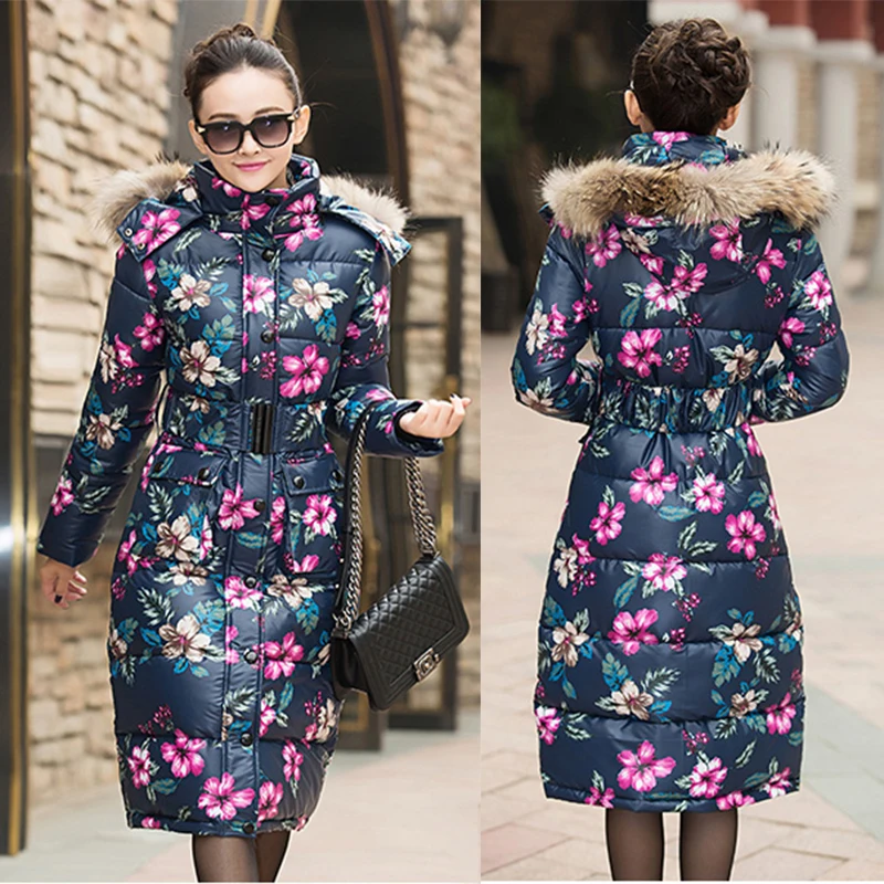 

2019 Floral printed duck down jacket women's long thick slim winter coats big fur hooded elegant womens winter parka long LA0044