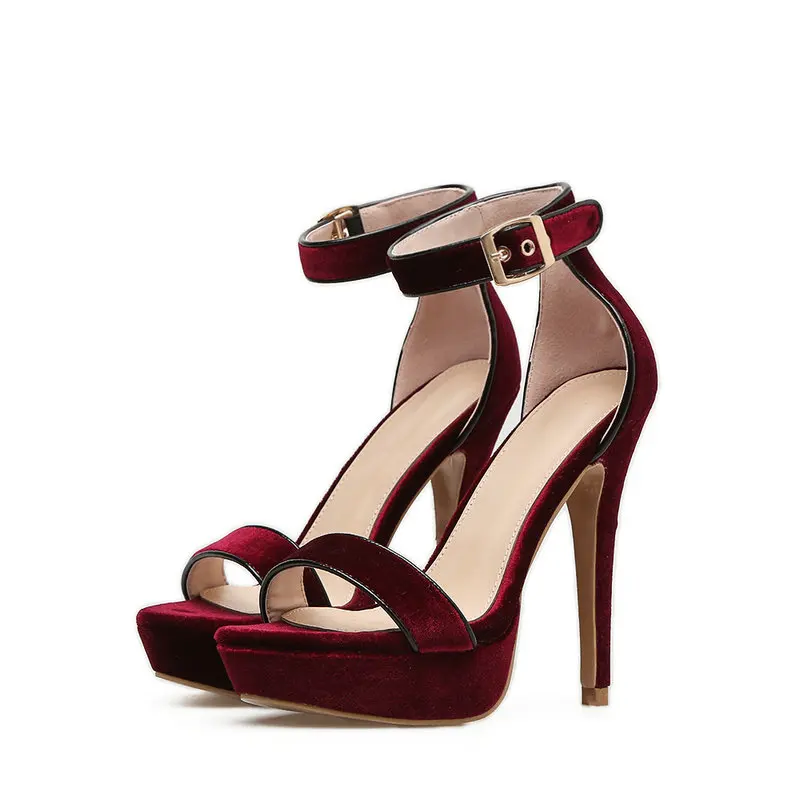 Sexy-Wine-Red-Platform-Sandals-Women-Velvet-Ankle-Strap-High-Heel-Dress-Shoes-Cut-out-Peep
