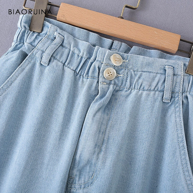 BIAORUINA, женские синие джинсовые штаны, женские эластичные штаны с высокой талией, модные брюки с двумя пуговицами, карманами на молнии, повседневные брюки, подходящие для любого размера